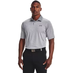 Men's Under Armour Striped Classic-Fit Performance Golf Polo -Workout Clothes Sales Store 4526407 Steel