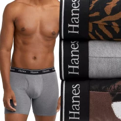 Men's Hanes® Originals Ultimate 3-Pack Boxer Briefs with Moisture-Wicking Stretch Cotton -Workout Clothes Sales Store 5949049 Blkgry Prt